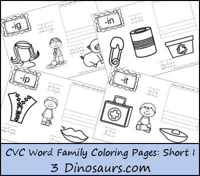 New CVC Word Family Coloring Pages: Short I Vowel -ig, -in, -ip, -it - 3Dinosaurs.com