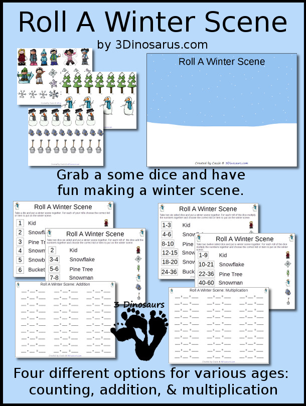 Free Roll A Winter Scene Printable - 3 Levels of learning: counting, addition, and multiplication - 3Dinosaurs.com