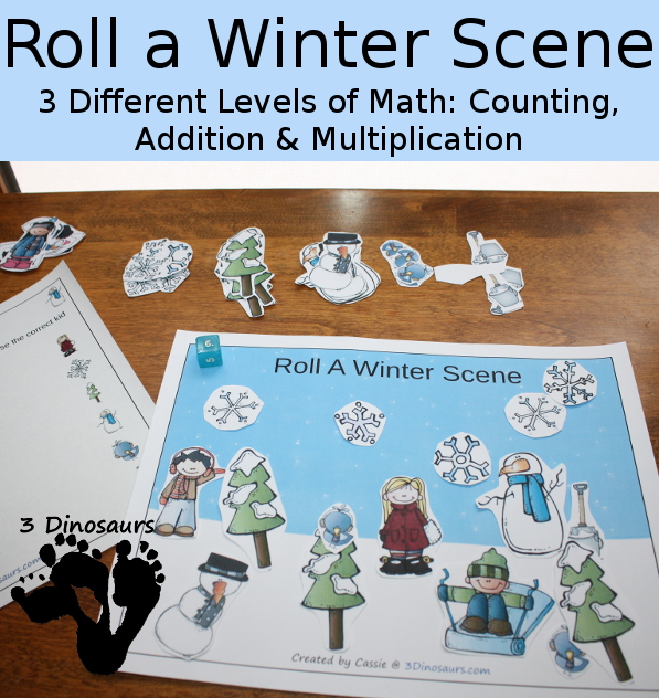Free Roll A Winter Scene Printable - 3 Levels of learning: counting, addition, and multiplication - 3Dinosaurs.com