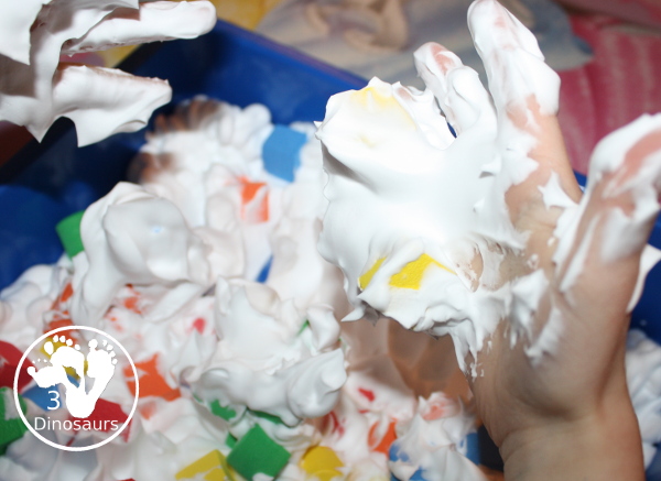 Shaving Cream and Foam Blocks Sensory Play - an easy to set up sensory play that can be done inside or outside with kids. It takes just a minute to set up with the shaving cream being the longest part. This is great for kids in preschool, prek, and kindergarten.  3Dinosaurs.com