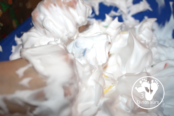 Shaving Cream and Foam Blocks Sensory Play - an easy to set up sensory play that can be done inside or outside with kids. It takes just a minute to set up with the shaving cream being the longest part. This is great for kids in preschool, prek, and kindergarten.  3Dinosaurs.com