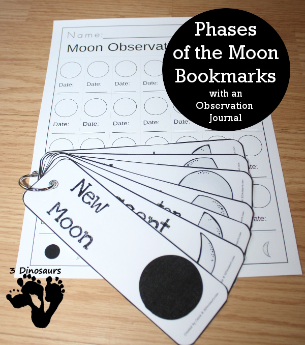 Free Phases of the Moon Bookmarks with an observation journal workshet kids can fill out - options for both hemispheres so kids can see the phases of the moon and record what they see - 3Dinosaurs.com