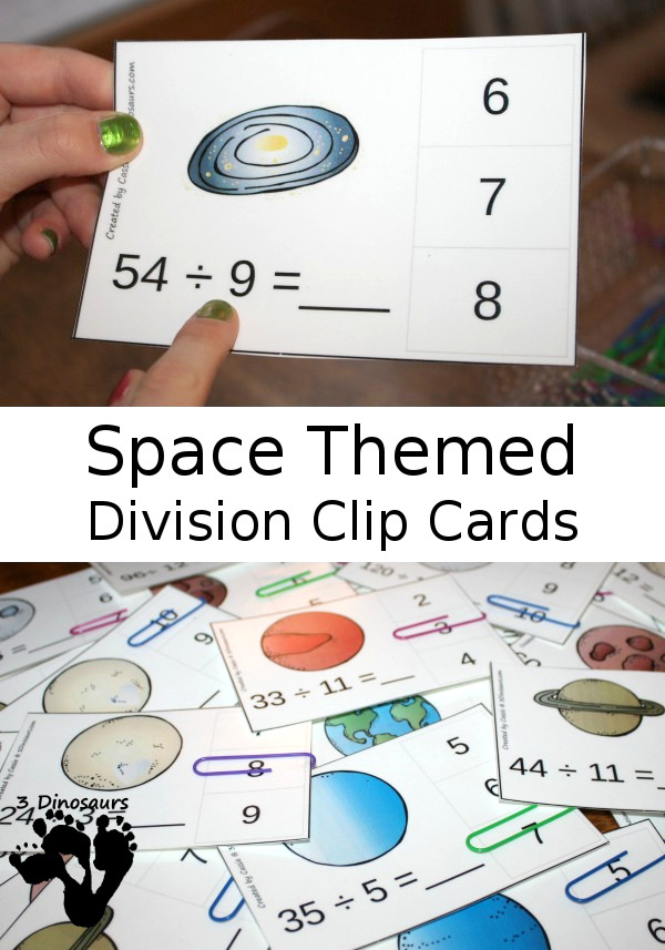 Free Hands-On Space Themed Division Clip Cards - 12 pages with one page for each number 1 through 12 - 3Dinosaurs.com