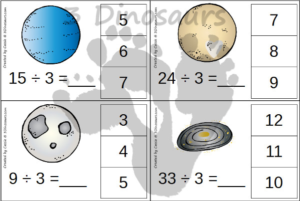 Free Hands-On Space Themed Division Clip Cards - 12 pages with one page for each number 1 through 12 - 3Dinosaurs.com