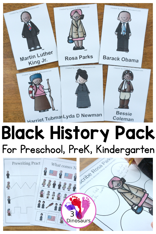 Free Mini Black History Month Pack with over 30 pages of activities for kids preschool to first grade - 3Dinosaurs.com #blackhistory #freeprintables #printablesforkids