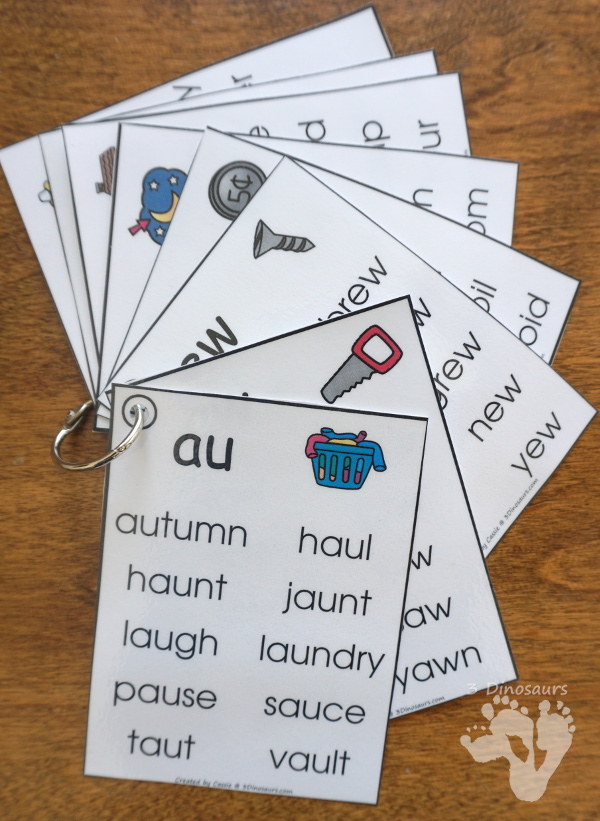 Easy To Use Diphthong Wall Cards - two different card sizes and types: a free set and a selling set options for the cards - 3Dinosaurs.com #wallcards #learningtoread 