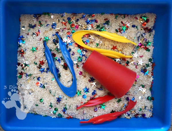 Sequin Theme Sensory Bin - a fun and easy sensory bin to set up for kids - 3Dinosaurs.com #sensorybin #sensoryskeeing #finemotorskills