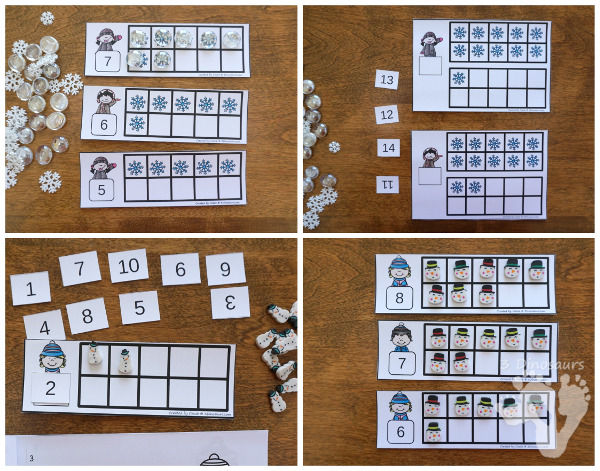 Snowman & Snowflake Themed Ten Frame Printables: No-Prep & Hands-On - 168 pages of printables working on ten frame activities for numbers 1 to 20 with hands-on and no-prep: cards, worksheets and easy reader books - 3Dinosaurs.com #handsonmath #teacherspayteachers #tenframe #winterprintablesforkids #printablesforkids