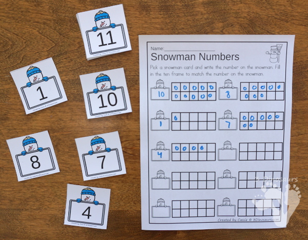 Snowman & Snowflake Themed Ten Frame Printables: No-Prep & Hands-On - 168 pages of printables working on ten frame activities for numbers 1 to 20 with hands-on and no-prep: cards, worksheets and easy reader books - 3Dinosaurs.com #handsonmath #teacherspayteachers #tenframe #winterprintablesforkids #printablesforkids