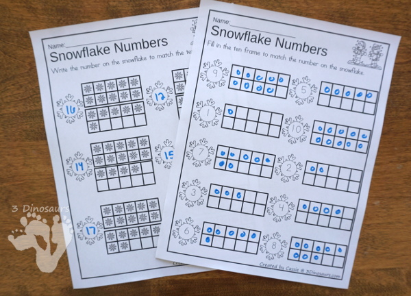 Snowman & Snowflake Themed Ten Frame Printables: No-Prep & Hands-On - 168 pages of printables working on ten frame activities for numbers 1 to 20 with hands-on and no-prep: cards, worksheets and easy reader books - 3Dinosaurs.com #handsonmath #teacherspayteachers #tenframe #winterprintablesforkids #printablesforkids