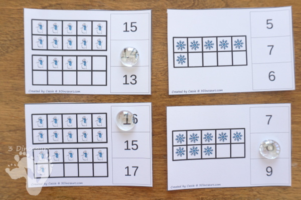 Snowman & Snowflake Themed Ten Frame Printables: No-Prep & Hands-On - 168 pages of printables working on ten frame activities for numbers 1 to 20 with hands-on and no-prep: cards, worksheets and easy reader books - 3Dinosaurs.com #handsonmath #teacherspayteachers #tenframe #winterprintablesforkids #printablesforkids