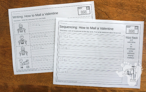 Two Fun Valentines Sequencing Sets: Making a Valentines and How To Mailing a Valentine -  with clip cards, task cards, no-prep worksheets and easy reader books $ - 3Dinosaurs.com #printablesforkids #sequencingforkids  #valetninesprintables #tpt #teacherspayteachers
