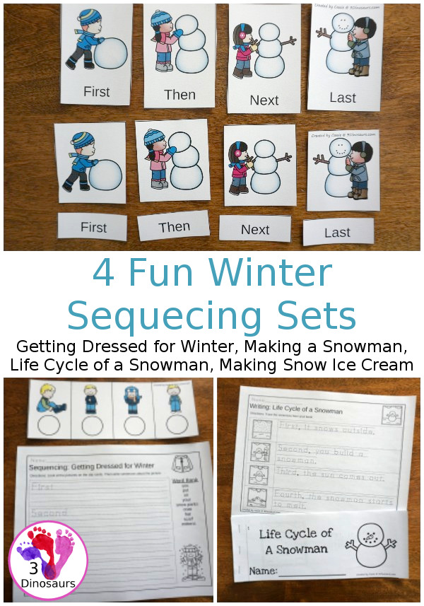 Winter Sequencing Sets -  with clip cards, task cards, no-prep worksheets and easy reader books $ - 3Dinosaurs.com #printablesforkids #sequencingforkids #winterprintables #tpt #teacherspayteachers