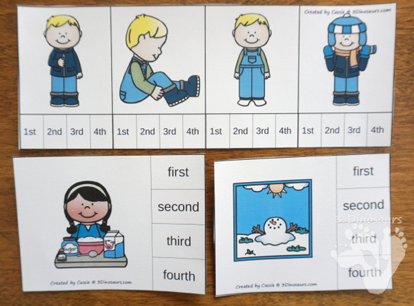 Winter Sequencing Sets -  with clip cards, task cards, no-prep worksheets and easy reader books $ - 3Dinosaurs.com #printablesforkids #sequencingforkids #winterprintables #tpt #teacherspayteachers