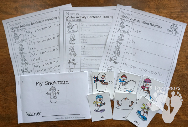 Snowman Themed Pack for PreK and Kindergarten with 150 pages of activities, cards, easy reader books and no-prep printables - 3Dinosaurs.com