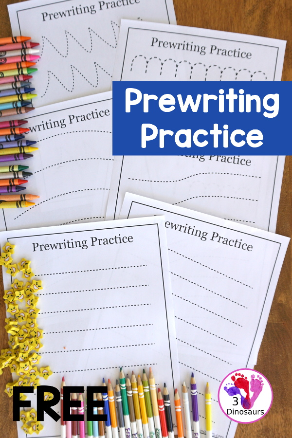 Free Prewriting Practice Printables - 14 different pages to work on fine motor skills for PreK and Kindergarten. A no-prep prewriting worksheet - 3Dinosaurs.com