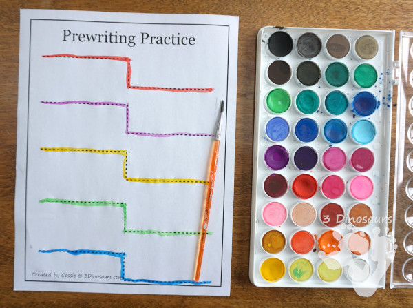 Free Prewriting Practice Printables - using watercolors to do prewriting for working different fine motor skills with the same printable - 3Dinosaurs.com
