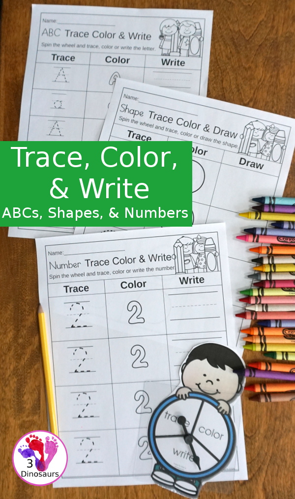 Trace, Color, & Write: ABCs, Numbers & Shapes - easy activities to work on write and drawing for kids. With an interactive element of spinning to see which you do - 3Dinosaurs.com