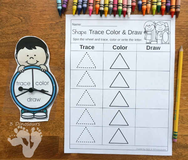 Trace, Color, & Write: ABCs, Numbers & Shapes - easy activities to work on write and drawing for kids. With an interactive element of spinning to see which you do - 3Dinosaurs.com