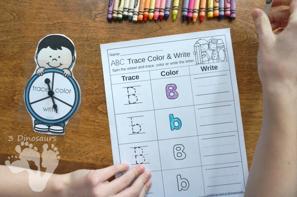 Trace, Color, & Write: ABCs, Numbers & Shapes - easy activities to work on write and drawing for kids. With an interactive element of spinning to see which you do - 3Dinosaurs.com