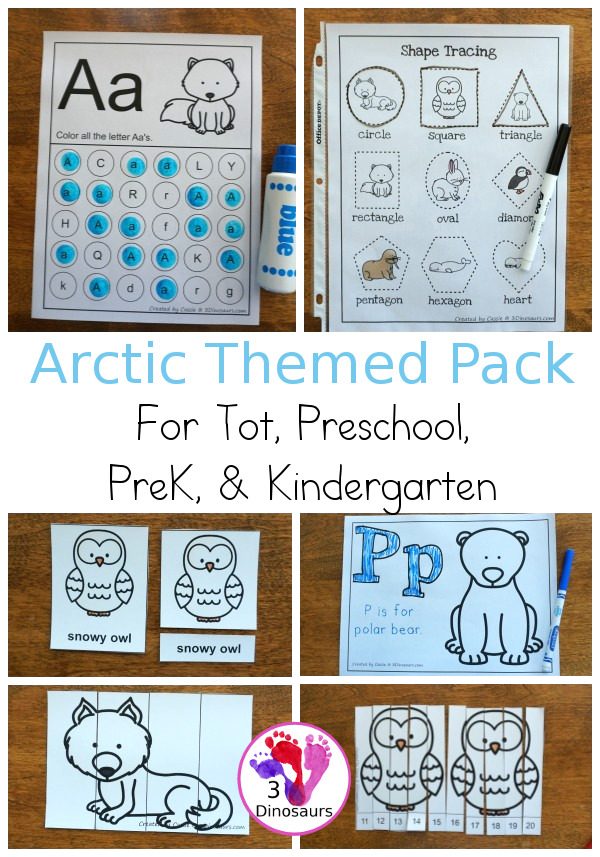 Free Arctic Pack - over 45 pages of activities with 3 part cards, prewriting, beginning math and numbers, ABC finds, and more all for tot, preschool, prek, and kindergarten age kids - 3Dinosaurs.com