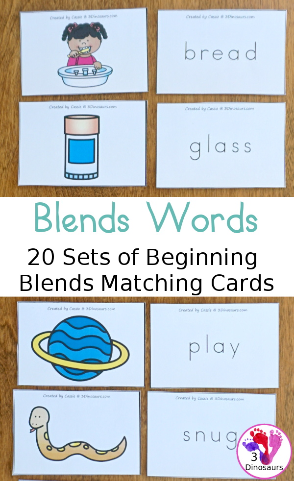Free Blends Matching Cards Matching Cards - 20 sets of cards for matching picture and beginning word blends plus see ways to use them - 3Dinosaurs.com