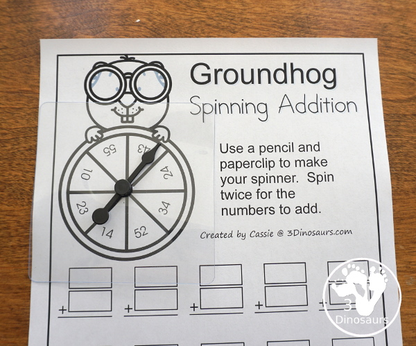 Free Groundhog Spinning Addition - Easy No-Prep Printable - 3 levels of math with single, double and triple numbers  - 3Dinosaurs.com
