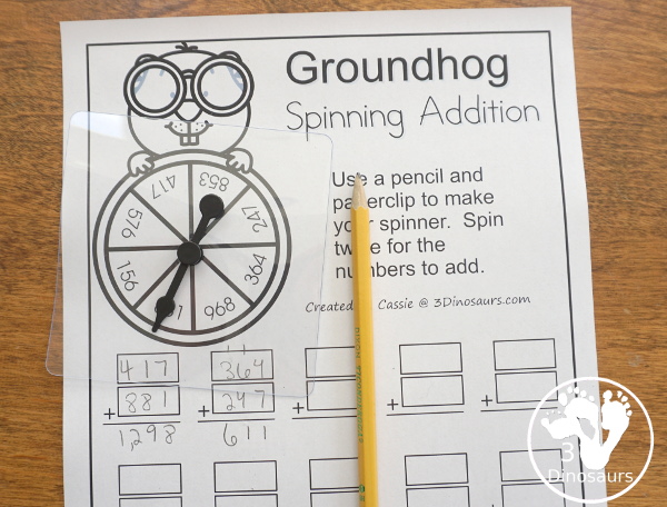 Free Groundhog Spinning Addition - Easy No-Prep Printable - 3 levels of math with single, double and triple numbers  - 3Dinosaurs.com