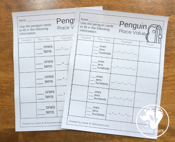 Free Penguin Place Value Matching - 2 levels of learning with place value up to hundreds for first grade and second grade learning with matching cards and recording sheets  - 3Dinosaurs.com