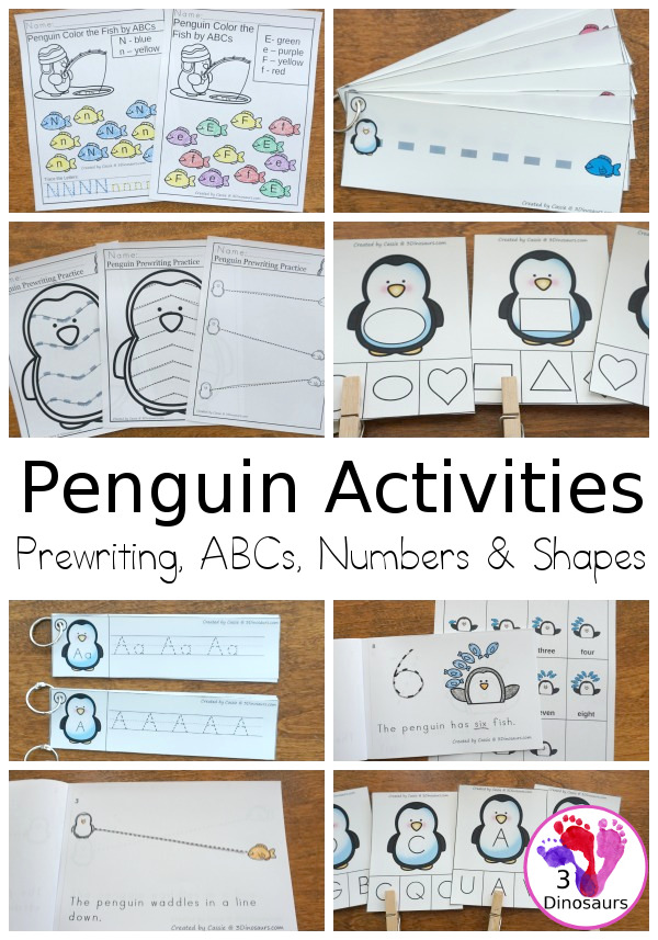 Penguin Activities Pack for Prewriting, Shapes, ABCs, and Numbers - 189 pages of activities with no-prep, easy reader books, clip cards and tracing strips. All to help have fun with a penguin theme during the winter with easy to prepare or low prep activities - 3Dinosaurs.com
