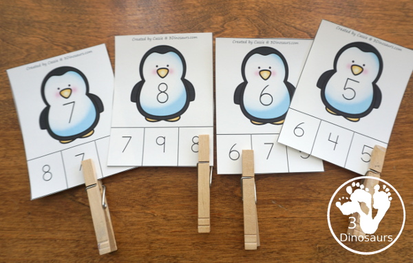 Penguin Activities Pack for Prewriting, Shapes, ABCs, and Numbers - number clip cards to work on numbers 0 to 10 - 3Dinosaurs.com