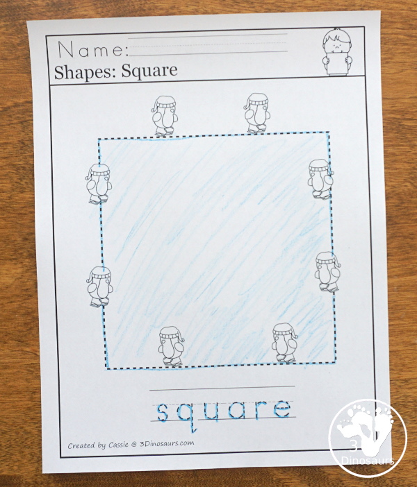 Penguin Activities Pack for Prewriting, Shapes, ABCs, and Numbers - penguins skating around a shape with tracing of the shape name - 3Dinosaurs.com