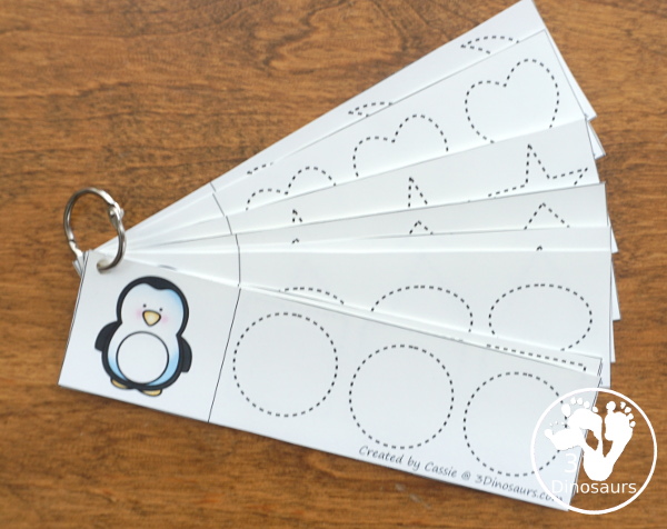 Penguin Activities Pack for Prewriting, Shapes, ABCs, and Numbers - shape tracing strips for kids to trace their shapes with a penguin theme - 3Dinosaurs.com