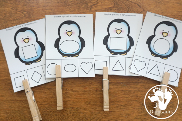 Penguin Activities Pack for Prewriting, Shapes, ABCs, and Numbers - shape clip cards that have a penguin theme - 3Dinosaurs.com