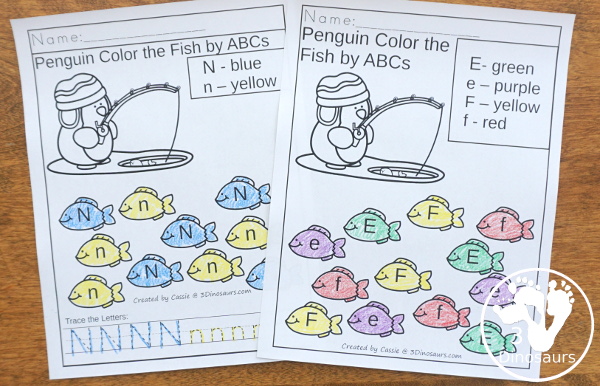 Penguin Activities Pack for Prewriting, Shapes, ABCs, and Numbers - 2 types of no-prep coloring pages for ABCs - 3Dinosaurs.com