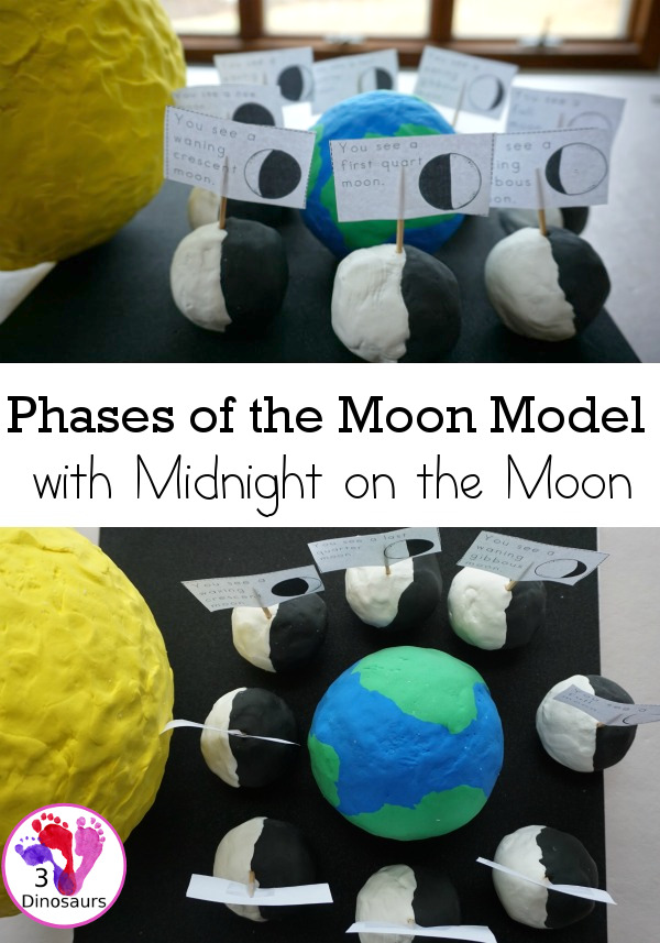 Model of the Phase of the Moon with Midnight at the Moon - a fun 3D model to make to show the phase of the moon and how it goes around the Earth - 3Dinosaurs.com