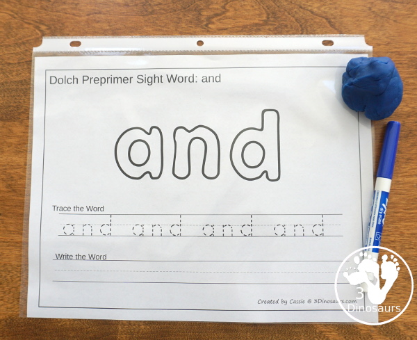 Free Preprimer Sight Words Playdough Mats with Tracing - It has all 40 words from Preprimer sight words list  with a playdough area, tracing the sight word and writing the word for each sight word - 3Dinosaurs.com