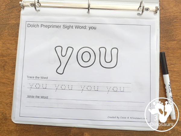 Free Preprimer Sight Words Playdough Mats with Tracing - It has all 40 words from Preprimer sight words list with a playdough area, tracing the sight word and writing the word for each sight word - 3Dinosaurs.com