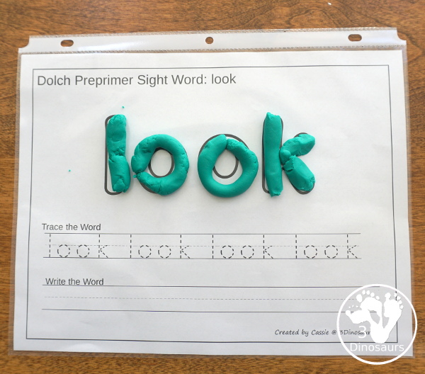 Free Dolch Preprimer Sight Words Playdough Mats with Tracing - It has all 40 words from Dolch Preprimer sight words list  with a playdough area, tracing the sight word and writing the word for each sight word - 3Dinosaurs.com