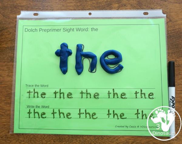 Free Dolch Preprimer Sight Words Playdough Mats with Tracing - It has all 40 words from Dolch Preprimer sight words list with a playdough area, tracing the sight word and writing the word for each sight word - 3Dinosaurs.com