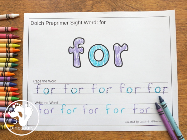 Free Dolch Preprimer Sight Words Playdough Mats with Tracing - It has all 40 words from Dolch Preprimer sight words list  with a playdough area, tracing the sight word and writing the word for each sight word - 3Dinosaurs.com