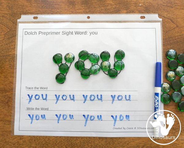Free Dolch Preprimer Sight Words Playdough Mats with Tracing - It has all 40 words from Dolch Preprimer sight words list with a playdough area, tracing the sight word and writing the word for each sight word - 3Dinosaurs.com
