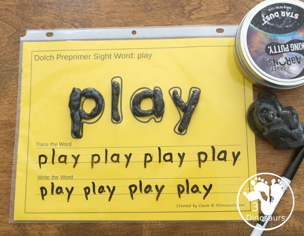 Free Dolch Preprimer Sight Words Playdough Mats with Tracing - It has all 40 words from Dolch Preprimer sight words list with a playdough area, tracing the sight word and writing the word for each sight word - 3Dinosaurs.com