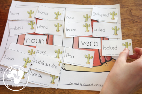 Free Wild West Sorting Nouns & Verbs - with Ghost Town at Sundown - sorting the cards to the noun and verb mats - 3Dinosaurs.com