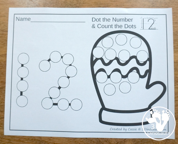 Snowman, Snowflake & Mitten Dot the Number Count the Number - this is a fun counting activity with dot markers that works on numbers 0 to 20 with color or black and white options - 3Dinosaurs.com #winteractivities #dotmaker #doadot #numbers #counting  #kindergarten #prek