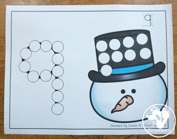 Snowman, Snowflake & Mitten Dot the Number Count the Number - this is a fun counting activity with dot markers that works on numbers 0 to 20 with color or black and white options - 3Dinosaurs.com #winteractivities #dotmaker #doadot #numbers #counting  #kindergarten #prek