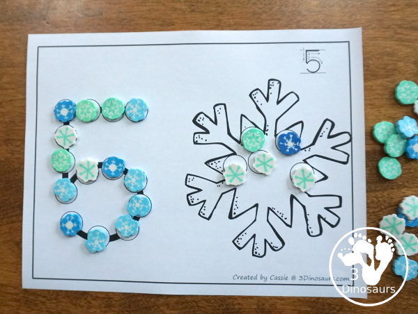 Snowman, Snowflake & Mitten Dot the Number Count the Number - this is a fun counting activity with dot markers that works on numbers 0 to 20 with color or black and white options - 3Dinosaurs.com #winteractivities #dotmaker #doadot #numbers #counting  #kindergarten #prek