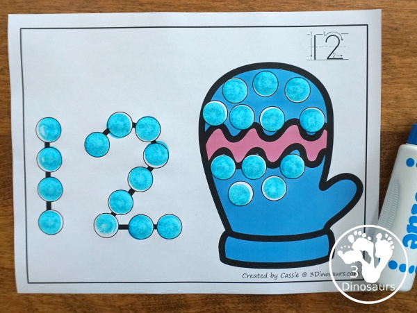 Snowman, Snowflake & Mitten Dot the Number Count the Number - this is a fun counting activity with dot markers that works on numbers 0 to 20 with color or black and white options - 3Dinosaurs.com #winteractivities #dotmaker #doadot #numbers #counting  #kindergarten #prek