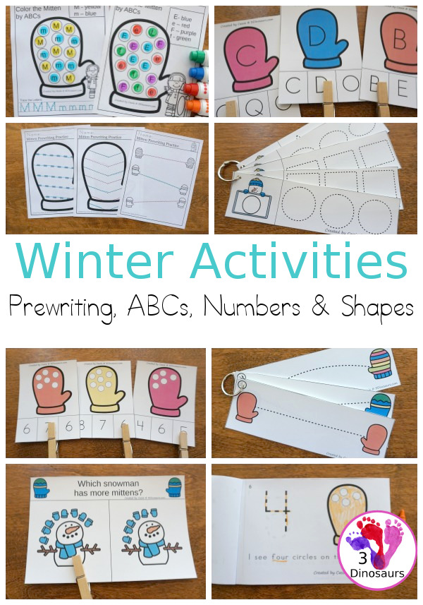 Winter Activities Pack for Prewriting, Shapes, ABCs, and Numbers - 189 pages of activities with no-prep, easy reader books, clip cards and tracing strips. All to help have fun during the winter with easy to prepare or low prep activities - 3Dinosaurs.com