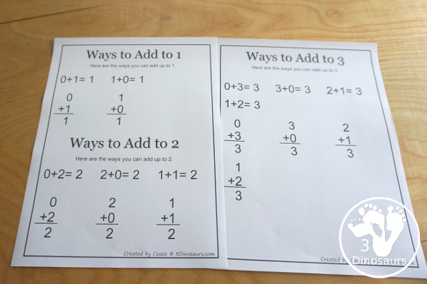 Free Addition: Ways to Add 1, 2, 3 - fun math printables that work on learning to add up to a number and the set starts with adding to 1, 2 and 3 - 3Dinosaurs.com